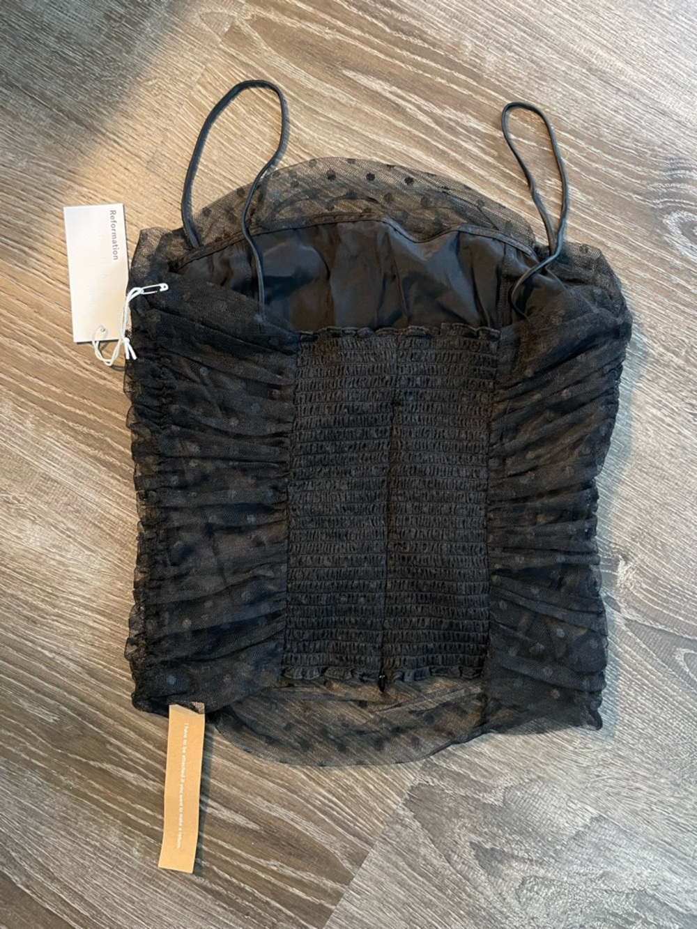 Reformation Amber Ruched Tulle Top Size 4 Black Polka Dot NWT - Picture 3 of 6
